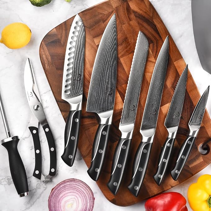 Damascus Kitchen Knife Sets, 9 Pieces Kitchen Knives Set with Block, ABS Ergonomic Handle for Chef Knife Set, Knife Sharpener and Kitchen Shears, Knife Block Set