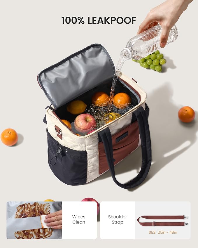LOVEVOOK Lunch Box for Women, Quilted Insulated Lunch Bag Tote with 40oz Water Bottle Holder, Large Leakproof Cooler Bag for Women with Shoulder Strap, Work Office Nurse Teacher Picnic Travel