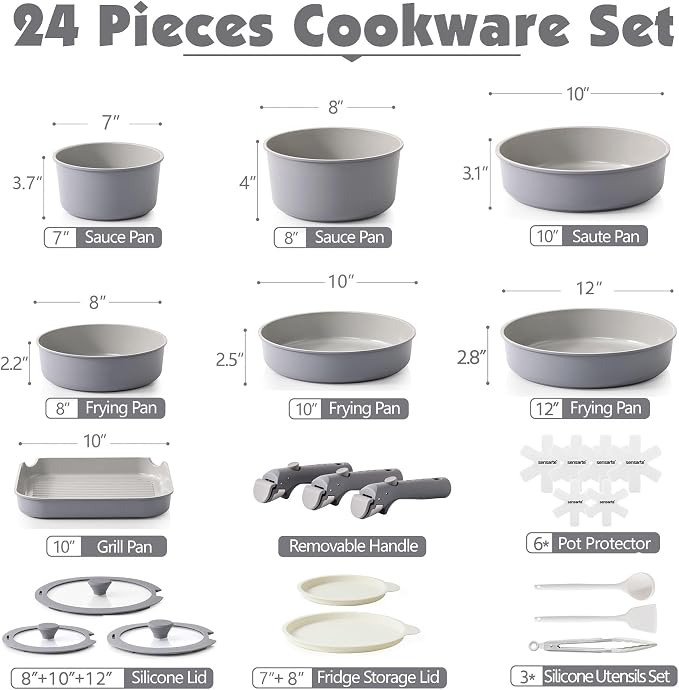 SENSARTE 24 Piece Ceramic Pots and Pans Set, Nonstick Detachable Handle Cookware, Induction Kitchen Cookware Set with Removable Handle, Healthy Non Stick for RV, Dishwasher＆Oven Safe, PFOA Free (Gray)