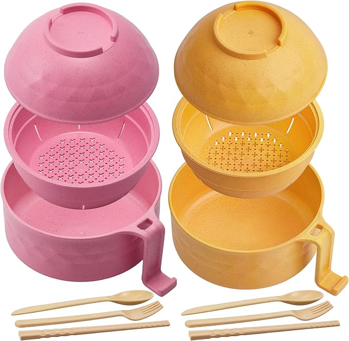 2 Sets Microwave Ramen Bowl 40 oz Wheat Fiber Portable Instant Noodle Cooker Bowl with Handles Strainer Spoon Chopstick Fork College Dorm Room Apartment Essentials(Pink,Yellow)