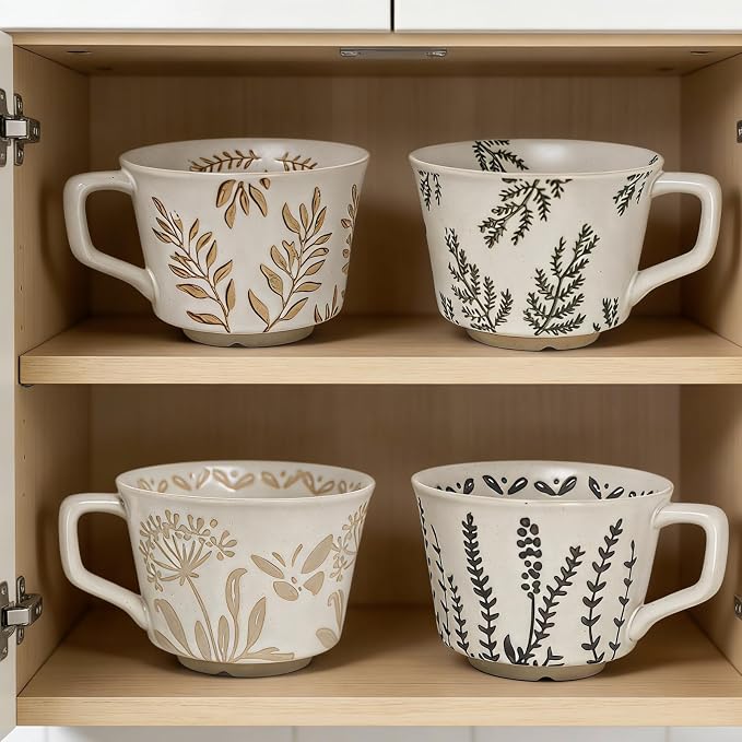 Vintage Ceramic Mug Set - 12 oz Unique Ceramic Coffee Mugs & Tea Cups with Hand-Drawn Patterns, Dishwasher & Microwave Safe, Ideal Gift