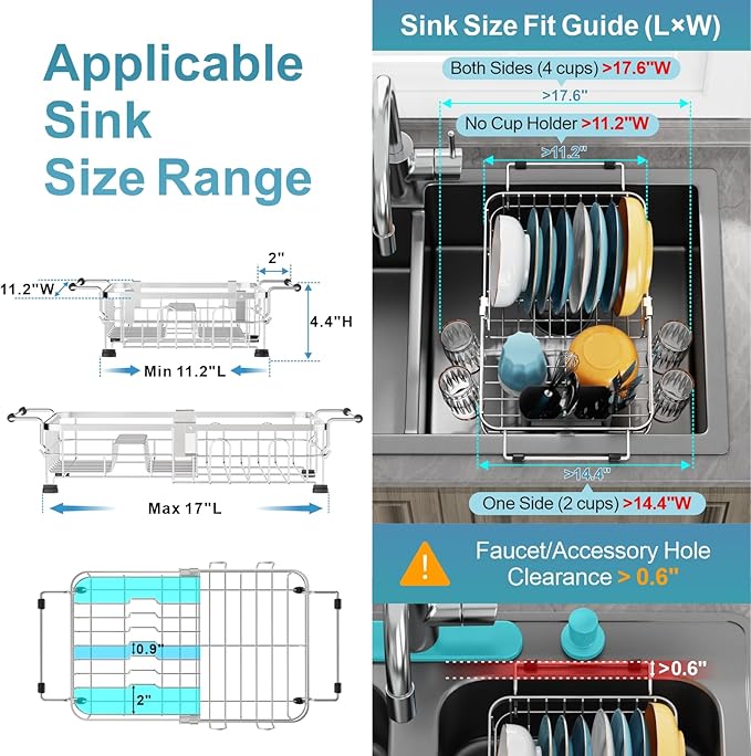 GSlife Small in Sink Dish Drying Rack - Expandable Stainless Steel Compact Over The Sink Dish Drainer with Utensil Holder for RV Kitchen Apartment, 11.2" W x 11.2"-17" L, Silver