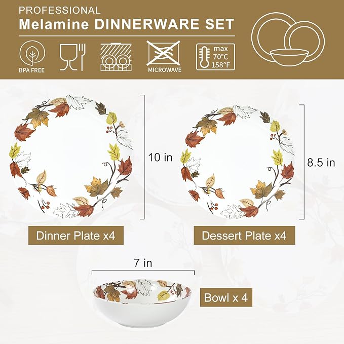Melamine Dinnerware Sets 12 Pcs, Spring Party Plates and Bowls Sets, Camping Dishes Set for 4, Unbreakable, BPA Free, Dishwasher Safe（Yellow Maple Leaves）