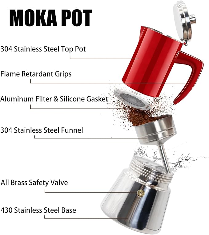 4 Cup Thickened 304 Stainless Steel Moka Pot Stovetop Espresso Maker Cafeteras Italian Percolator Espress Makers Capable Greca Mocha Coffee Machine for Induction Home and Camping 200ml 6.6oz