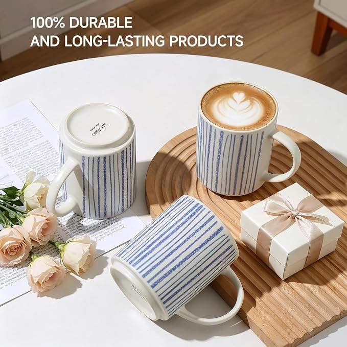 Coffee Mugs Set of 6, 17oz Ceramic Mugs with Handpainted Blue Gray Stripe Pattern, Modern Stackable Coffee Cups, Dishwasher and Microwave Safe Mugs for Home & Office (Vertical Stripes)