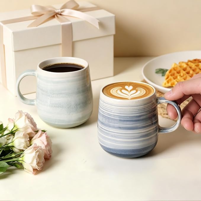 Coffee Mugs Set of 4, 12 oz Mugs Set, Ceramic Coffee Cups with Large Handles, Pastel Gradient & Striped Designs， Dishwasher and Microwave Safe Mugs for Coffee, Tea, Milk