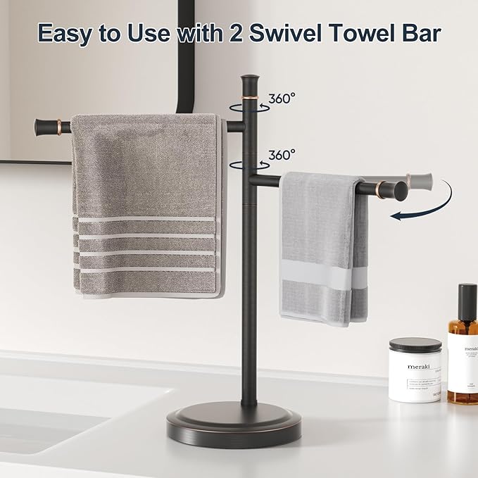 16 Inch Oil Rubbed Bronze Stand Towel Bar Free Standing Hand Towel Holder for Bathroom, 2 Swivel Arms Towel Rack Towel Ring Hardware Accessories for Kitchen Vanity Countertop Stainless Steel