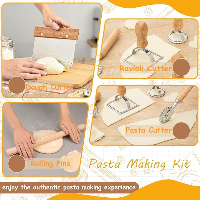 10pcs Pasta Making Tools, Wood Pasta Making Kit with Pasta Drying Rack,Rolling Pins,Gnocchi Board,Dough Cutter,Ravioli Cutter,Pasta Stamps,Making Dumplings .Pasta Making Accessories for Home