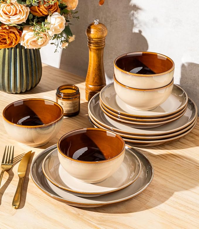 LERATIO Ceramic Dinnerware Sets for 4, 12 Pieces Ceramic Plates and Bowls Sets, Scratch Resistant Dish Set, Oven, Microwave & Dishwasher Safe-Pale Kahki