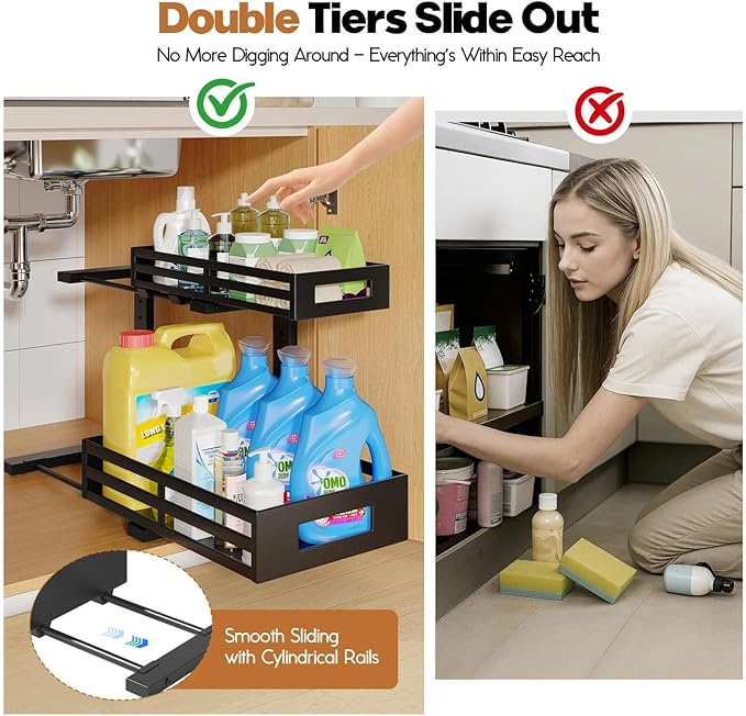 1-Pack Under Sink Organizers and Storage,2-Tier L Shape Pull Out Cabinet Organizer With Round Tube Slide Rails,Hight Adjustable Slide Out Drawers for Kitchen&Bathroom,Multi-Purpose Storage Shelf-Black
