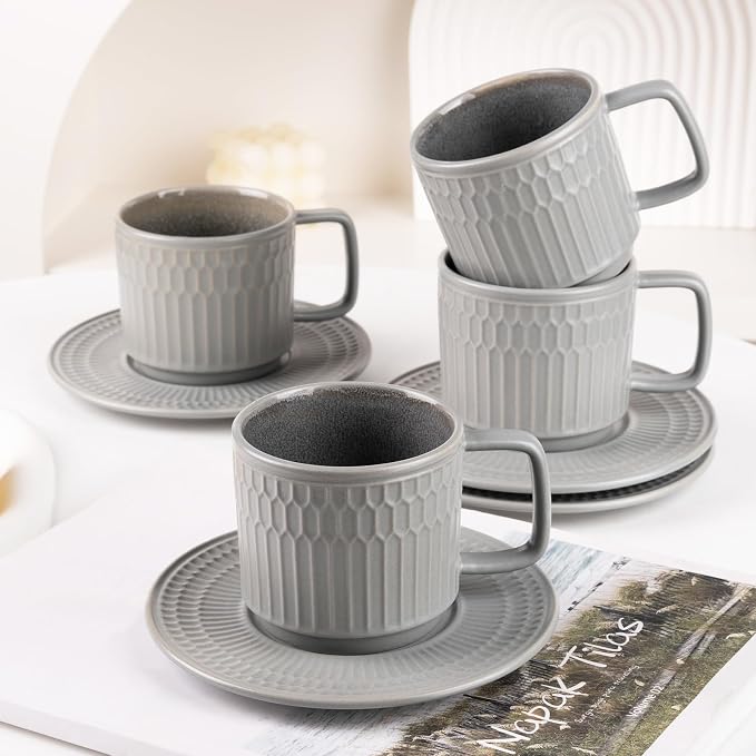 8oz Cappuccino Cups with Saucers Set of 4, 8 Ounce Stackable Embossed Ceramic Coffee Mugs for Specialty Coffee Drinks, Latte Mugs, Cafe Mocha and Tea, Dishwasher & Microwave Safe (Grey)