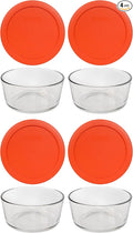 Pyrex 7201 4 Cup Glass Bowls & 7201-PC Pumpkin Orange Food Storage Replacement Lids (4-Pack) - Made in USA