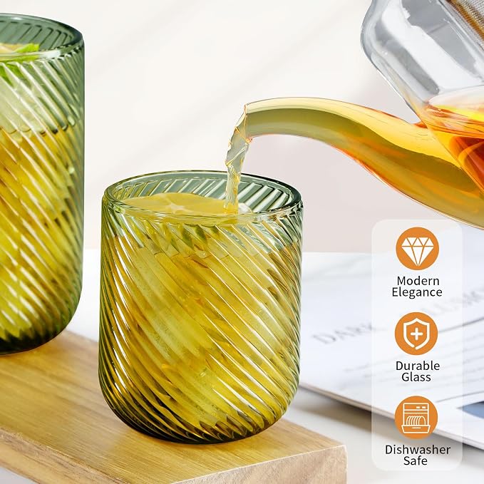 Set of 8 Ribbed Glassware,4 Highball Glasses 14oz & 4 Rocks Drinking Glasses 9oz, Origami Style, Fluted Design, for Milk, Water, Cocktail, Juice, Beer, ToothBrush Cup, Gif (Leaning Green)