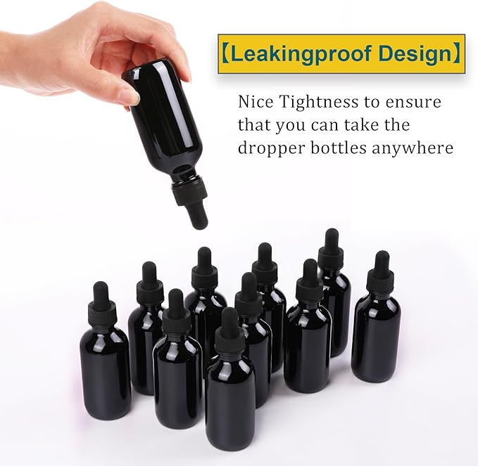 NOOEEISS 2oz Glass Dropper Bottle,Preety Texture Tincture Bottles with Precise Scales Eye Droppe,for All Kinds Of Mixed Liquids,Leak-Proof Design for Easy Travel (Black-48Pack)