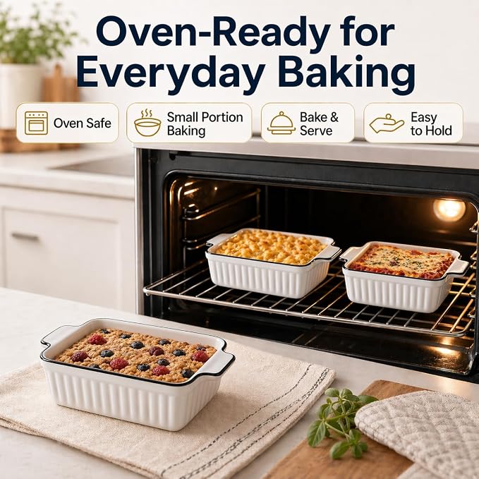 12 Oz Casserole Dish, Ceramic Baking Dishes Sets of 4, Small Casserole Dish with Handle, Porcelain Bakeware Sets, 5" Rectangular Baking Serving Dish for Casserole, Cakes, Dishwasher Oven Safe