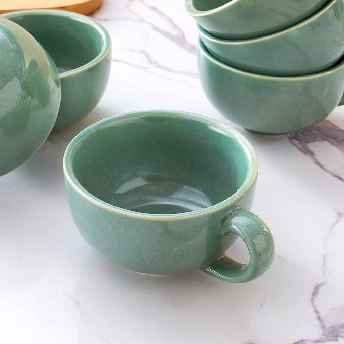 Coffeezone Set of 6 Cups Vintage Design 12 oz Professional Barista Ceramic Latte Art Cappuccino Cups Set (Green * 6)