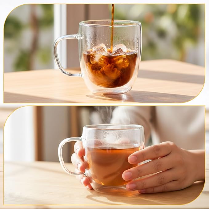 Patelai Glass Coffee Mugs Set of 6, 16 oz Clear Double Walled Coffee Cups Glasses Insulated Latte Mugs with Handle Espresso Clear Cups for Hot and Cold Beverages