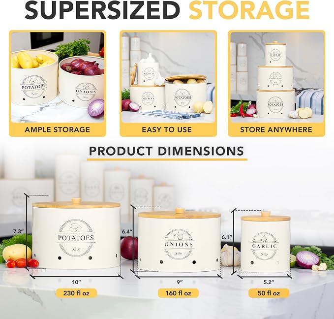 Kito LIVING Canister Sets for Kitchen Counter with Wooden Bamboo Lids, Kitchen Canisters for Countertop, Stackable Steel Farmhouse Canisters for Potato Storage, Onion and Potato Storage Bins - Cream