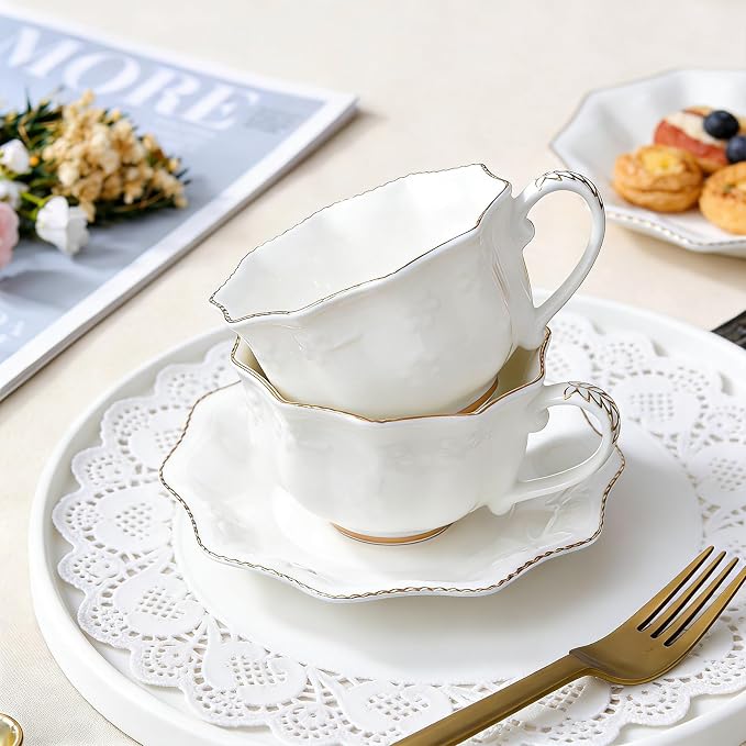 KAMMAK Tea Cups and Saucers Set of 2, Porcelain Coffee Cups with Saucers, Ceramic Espresso Mugs for Coffee, Latte, Americano, Tea, 7oz Elegant Teacup and Saucer (YFH4)
