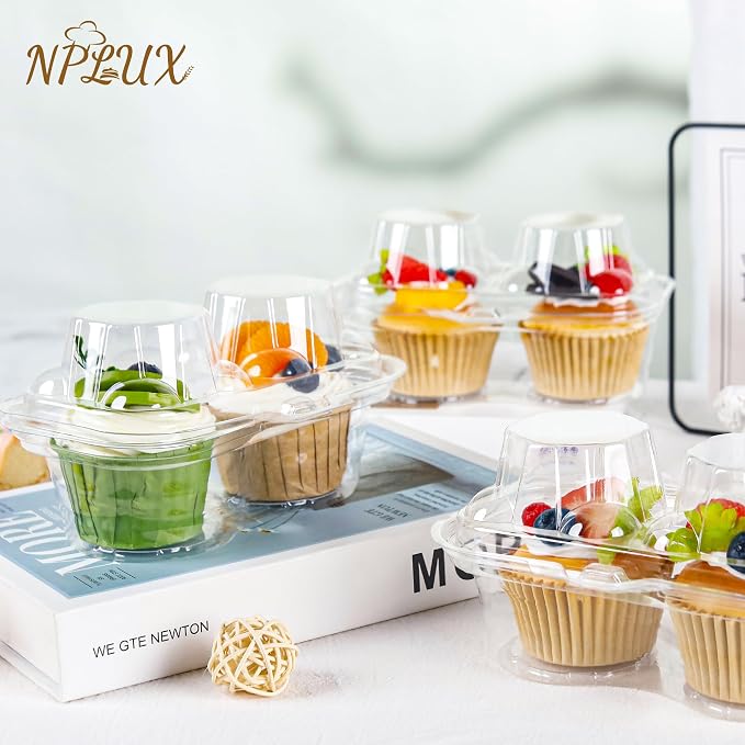 NPLUX 2 Count Cupcake Containers 25 Pack Cupcake Holder with Connected Airtight Lid Cupcake Boxes for 50 Cupcakes Muffins, BPA Free, Standard Size