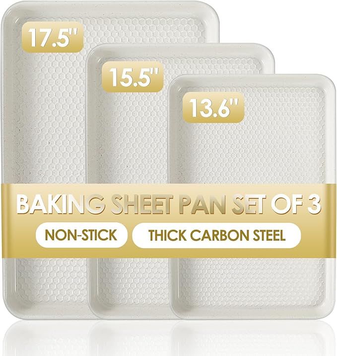 Baking Sheet Pan Set of 3, Nonstick Carbon Steel Cookie Sheets with Texture | Commercial Half/Quarter/Jelly Roll Pans Replacement Toaster Oven Tray, Heavy Duty & Easy Clean
