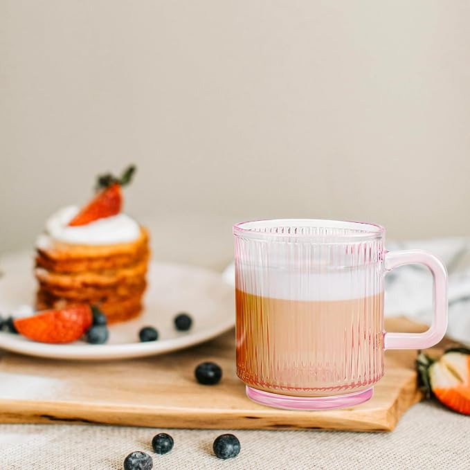 Glass Coffee Mugs 6 Pack - 12 OZ Pink Coffee Cups with Handles - Classic Vertical Stripes Transparent Tea Cup Set for Hot Cold Beverages
