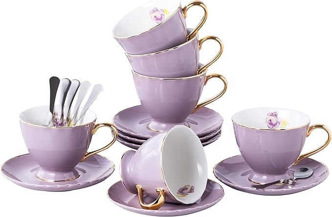 Jusalpha® Porcelain Tea Cup and Saucer Coffee Cup Set with Saucer and Spoon Set of 6 (FD-TCS02 purple (6), 7oz)