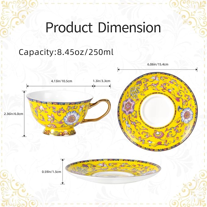 KAMMAK Tea Cups and Saucers Set of 2, Porcelain Coffee Cups, Stackable Espresso Mugs, Ceramic Demitasse for Coffee, Cappuccino, Latte, Americano, Tea, Full Bloom Yellow