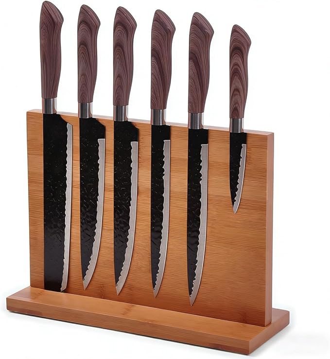 Bamboo magnetic knife holder - Double-Sided magnetic knife block with Strong Magnets, Space-Saving knife magnetic strip for Kitchen Countertop, Multipurpose knife organizer