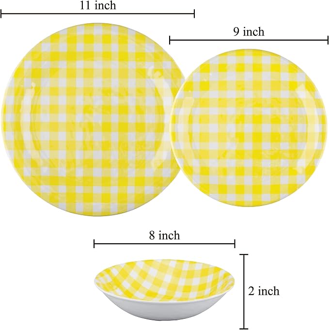UPware 12 Piece Gingham Melamine Dinnerware Sets, Outdoor Dishes Set, Plates and Bowls Sets, Service for 4, Yellow