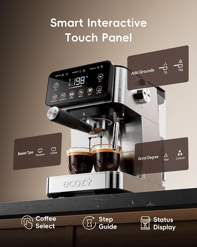 ecozy 2-in-1 Espresso Machine with Milk Frother, Guided Touchscreen | Coffee Maker Combo for Brewing Barista-quality Coffee, Lattes, Cappuccinos, and Americanos at Home