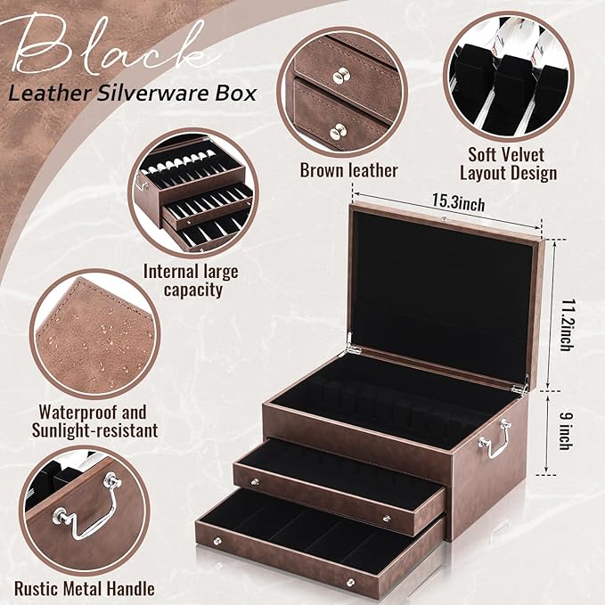 DoubleFill 3 Layer Leather Silverware Storage Box with Lid and Handles, Anti Tarnish Silverware Storage Chest Case with Felt-lined for 12-16 or More Sets of Utensils Flatware Gifts, 15.3x11.2x9 Inch