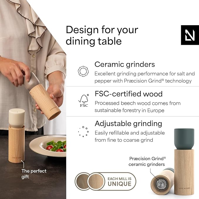 LARS NYSØM Wooden Salt and Pepper Grinder Set Manual with Tray - Salt and Pepper Mills with Adjustable Ceramic Grinder - Elegant Beechwood Pepper and Salt Mill Set for Dining Table (Stone Blue)