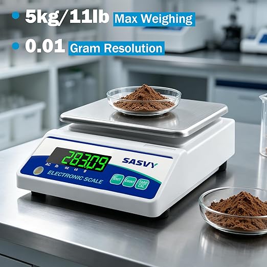 Lab Scale 5000g x 0.01g Scientific Scale g/oz/ct/lb High Precision Digital Electronic Analytical Balance for Jewelry Kitchen Laboratory School, Includes 500g Calibration Weight&Battery