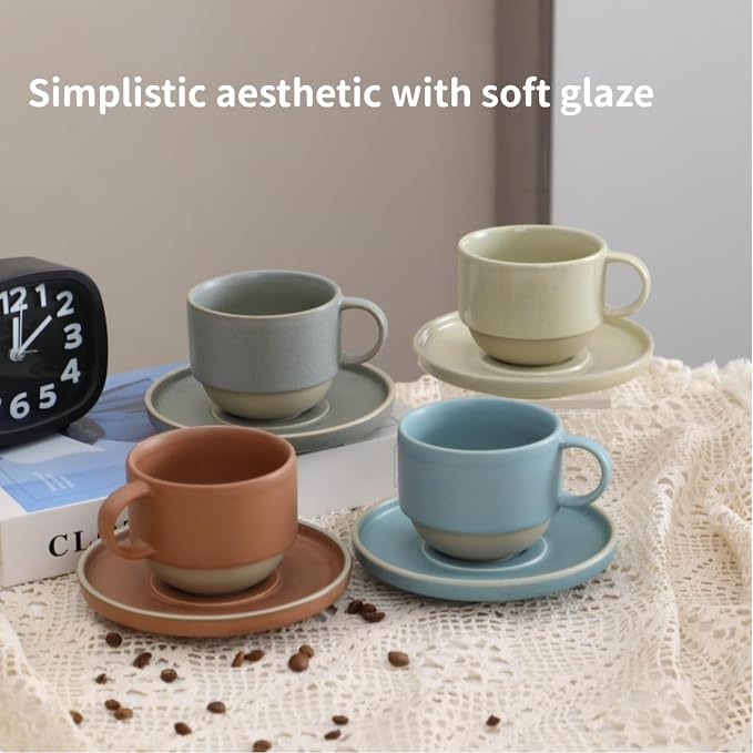 Little minimalist ceramic pottery tea cup with saucer, espresso cup | Matte Light Blue,Durable,Microwave and dishwasher safe, stoneware demitasse cup for lungo,cortado,Matcha, Americano