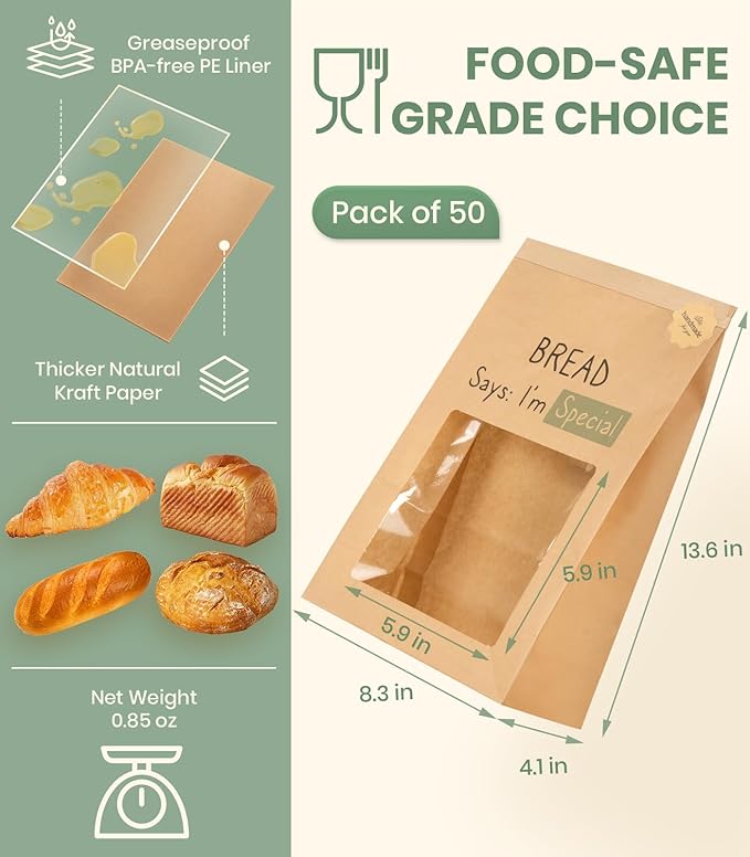 100 Pack Resealable Sourdough Bread Bags with Tabs for Gifting Round Loaf | Bulk Kraft Paper Homemade Sour Dough Gift Giving Bag with Window | Large Brown Bakery Baked Goods Packaging 13.6x8.3x4.1in