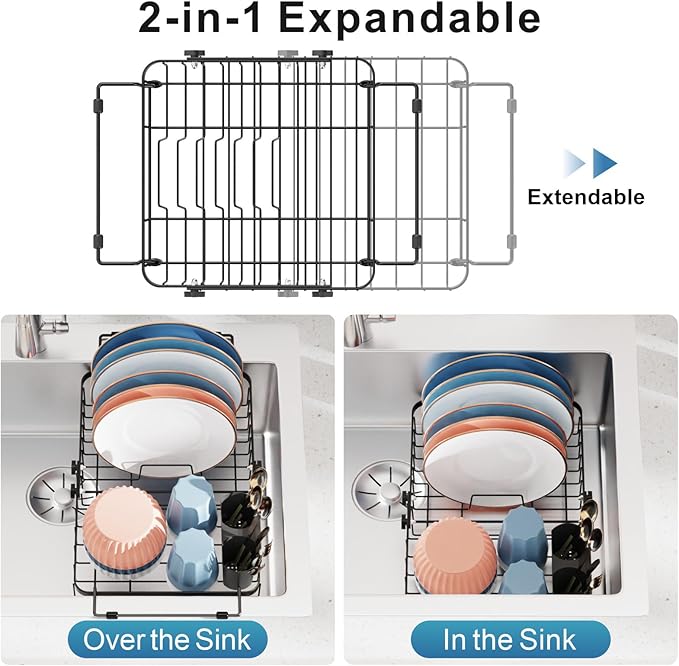 iSPECLE Expandable Dish Drying Rack for Kitchen Sink - Heavy Duty Adjustable Over The Sink Dish Drainer with Square Corners, Rust Resistant with Lock Knob, Fit for Modern Single & Double Sinks, Black