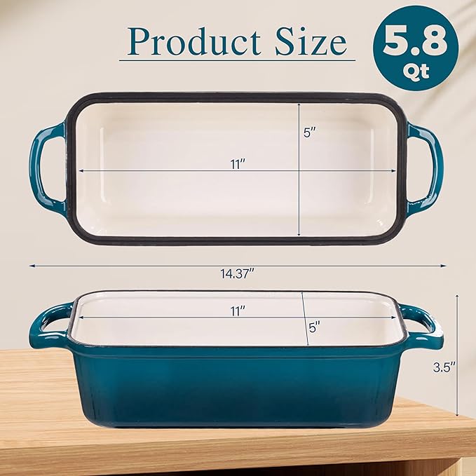 11x5 Inch Cast Iron Loaf Pan with Lid, Large Loaf Pans for Sourdough Bread Baking, Even Heat Distribution Dutch Oven Bread Pan for Homemade Bread, Meatloaf (5.8Qt, Teal)
