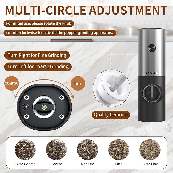 Electric Salt or Pepper Grinder Battery Operated, Automatic Salt and Pepper Mill Grinder Shakers with LED Light, Adjustable Coarseness, Include Brush and Spoon, Stainless Steel 1 PACK