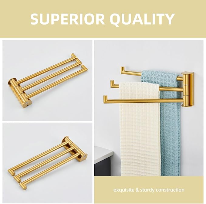 Angle Simple Swivel Hand Towel Rack, SUS 304 Stainless Steel Foldable 3 Towel Holder Bars for Bathroom Kitchen, Brushed Dark Gold