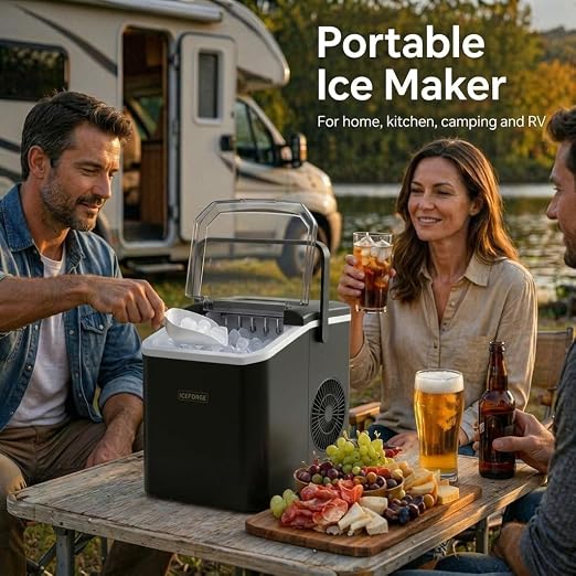 Countertop Ice Maker, Portable Ice Maker Machine, 6-Minute Fast Bullet Ice Maker with Self-Cleaning, Compact Ice Machine with Handle, Basket & Scoop for Kitchen, Home, Office, RV Camping,Black