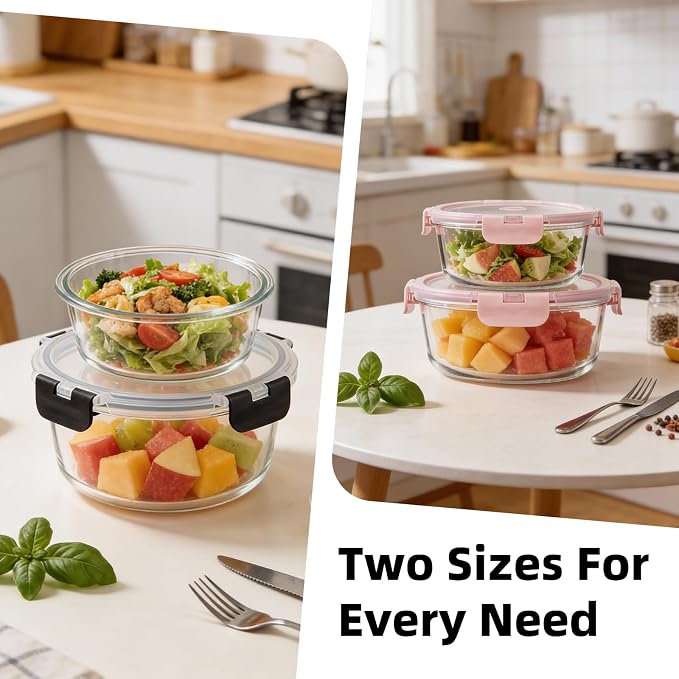 Konokyo 24 Pack Round Glass Food Storage Containers with Lids, 12 Pink + 12 Black, Airtight Leakproof Meal Prep Containers, BPA-Free, Microwave Oven Freezer & Dishwasher Safe
