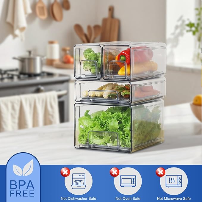 Pull Out Clear Fridge Organizer Drawers with Drainer, Refrigerator Stackable Storage Bins for Kitchen Fruit & Veggie Organization (2PCS, Medium)