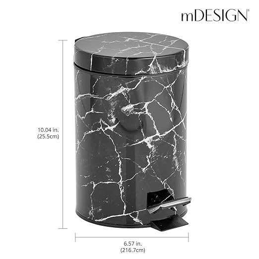 mDesign Extra Small Modern 3-Liter/.7 Gallon Round Metal Lidded Step Trash Can, Compact Garbage Bin with Removable Liner Bucket and Handle for Bathroom, Kitchen, Office, Garage - Black Marble Print