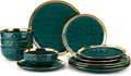 LOVECASA 12 Pieces Plates and Bowls Sets, Porcelain Green and Gold Dinnerware Sets, Round Dinner Plates Dishes Set Service for 4, Dishwasher Safe and Scratch Resistant, Green