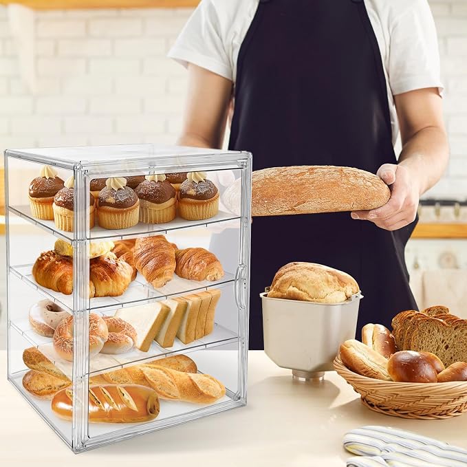 BOHOIDEE Extra Large 4 Tiers Clear Bread Box for Kitchen Counter, Acrylic Bread Keeper Stackable Storage Container Plastic Bread Bin Holder with Magnetic Door for Pantry Countertop