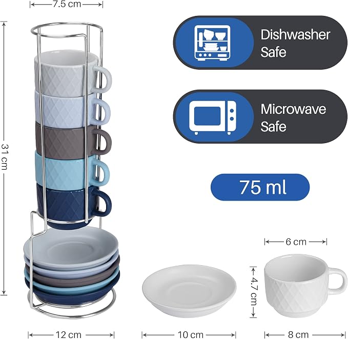 MIAMIO - 6 x 2.5 oz Stoneware Espresso Mug, Cup Set Modern with Stand and Saucers - Palmanova Collection (Ocean Blue)