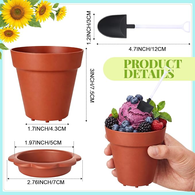 Patelai 24 Pack Flower Pot Dessert Cups with Shovel Spoons Plastic Cake Desserts Cups for Farmers Market Construction Birthday Party Baking Supplies, Ice Cream, Cupcakes, Yogurt, Pudding