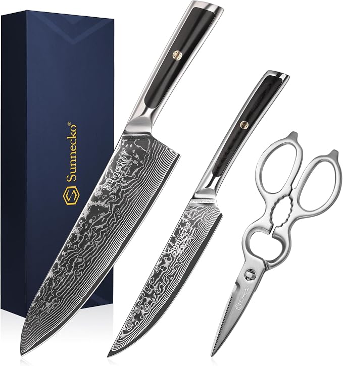 Sunnecko Kitchen Knife Set of 3, Chef Knife Set Damascus Steel Knives Set for Kitchen Sharp VG10 Corn, Full Tang with Gift Box