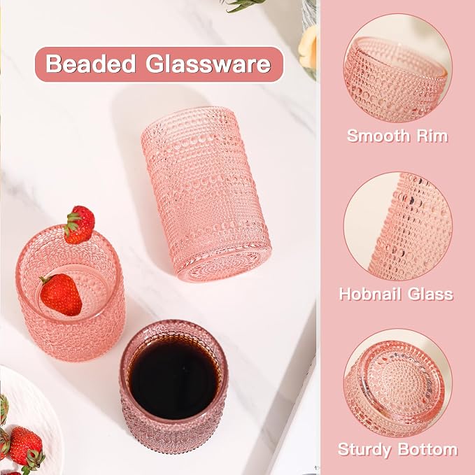 JOVGANK Pink Vintage Hobnail Drinking Glasses Set of 6, Water Tumbler 15oz, Kitchen & Bar Beaded Highball Glasses, Beverage Glass Cups for Water, Beer, Juice, Housewarming Gift